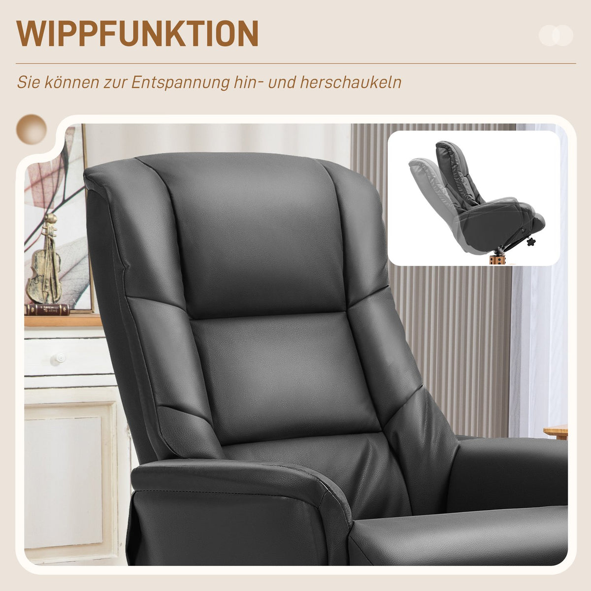 Relaxation chair with stool, 360° rotatable, 130° tiltable, with reclining function, high backrest, wooden frame, imitation leather, 76x85x104cm, black