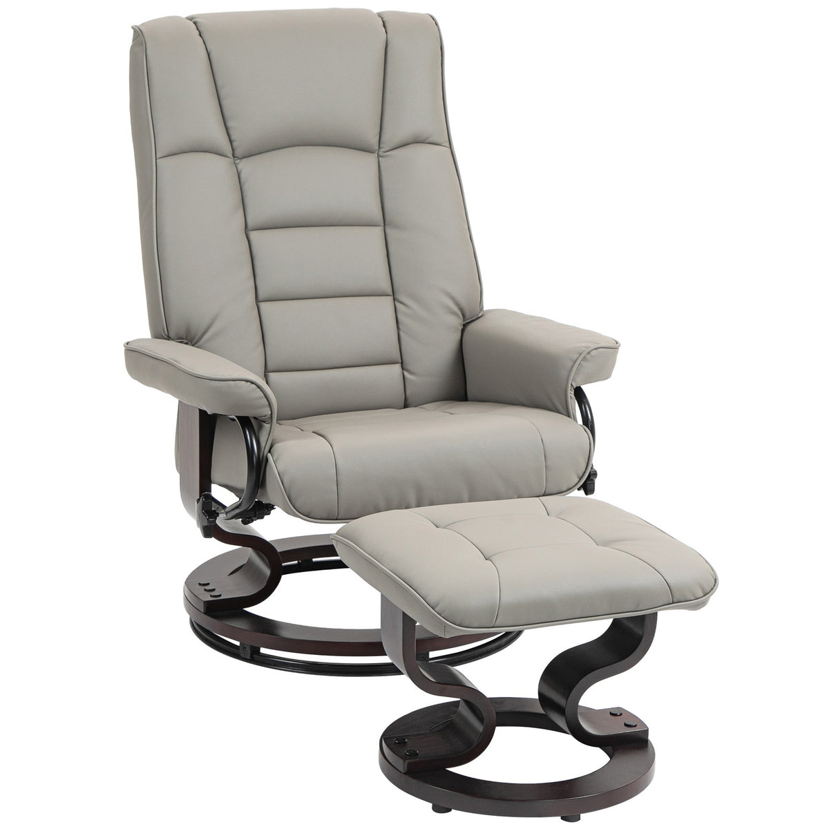 Relaxation chair with stool, 360° rotatable, 130° tiltable, with reclining function, high backrest, wooden frame, imitation leather, 76x85x104cm, gray