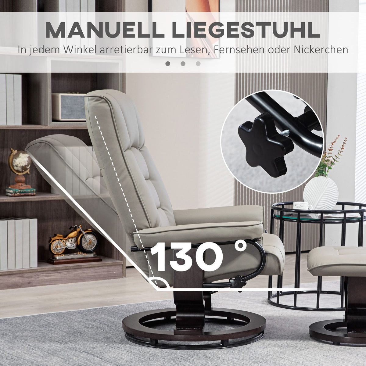 Relaxation chair with stool, 360° rotatable, 130° tiltable, with reclining function, high backrest, wooden frame, imitation leather, 76x85x104cm, gray