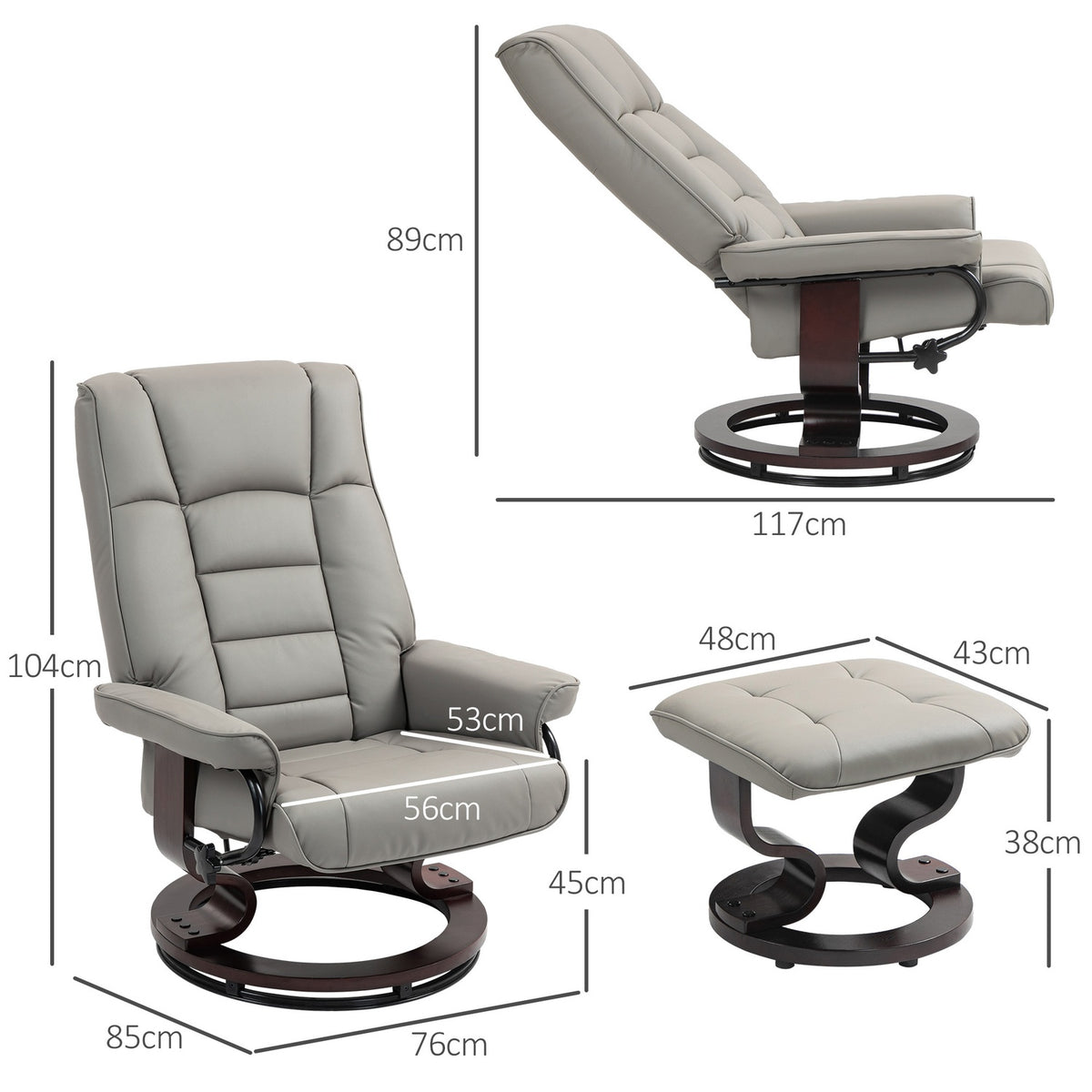 Relaxation chair with stool, 360° rotatable, 130° tiltable, with reclining function, high backrest, wooden frame, imitation leather, 76x85x104cm, gray