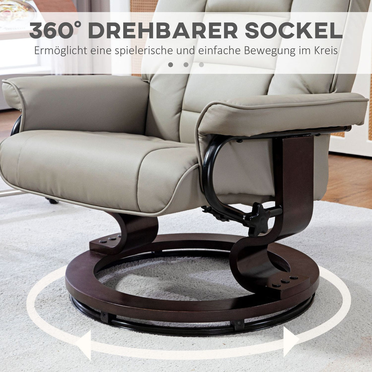 Relaxation chair with stool, 360° rotatable, 130° tiltable, with reclining function, high backrest, wooden frame, imitation leather, 76x85x104cm, gray
