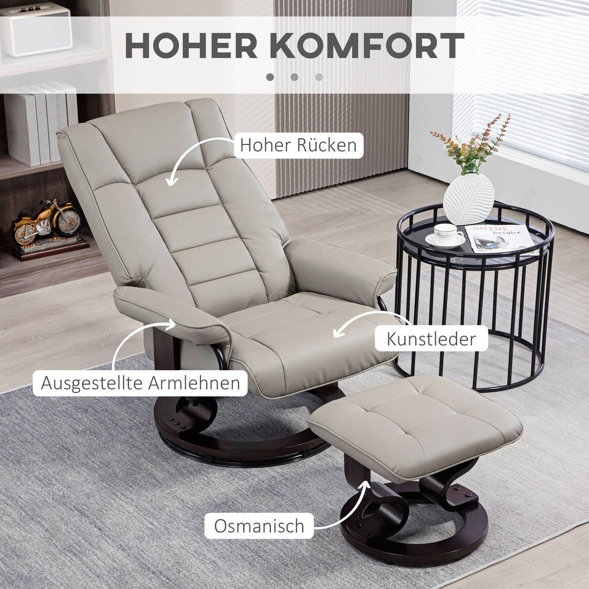 Relaxation chair with stool, 360° rotatable, 130° tiltable, with reclining function, high backrest, wooden frame, imitation leather, 76x85x104cm, gray