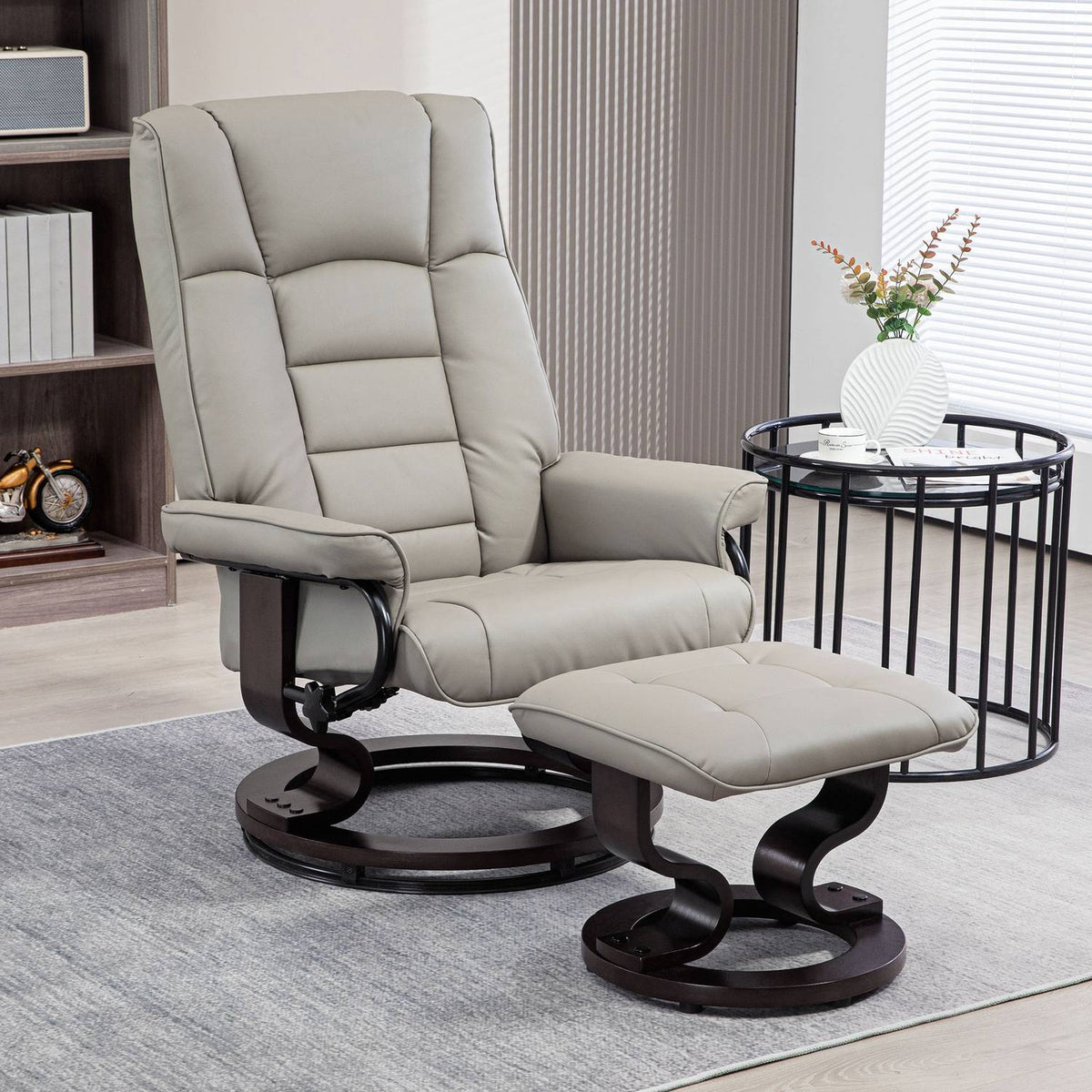 Relaxation chair with stool, 360° rotatable, 130° tiltable, with reclining function, high backrest, wooden frame, imitation leather, 76x85x104cm, gray