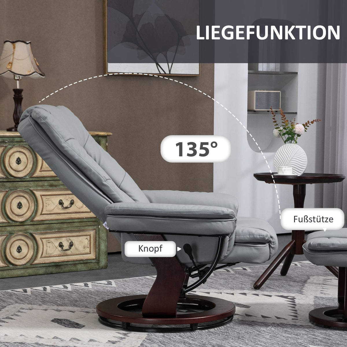 Relaxation chair with stool, 360° rotating TV chair with reclining function, TV chair, recliner, can hold up to 130 kg for living room, faux leather, gray