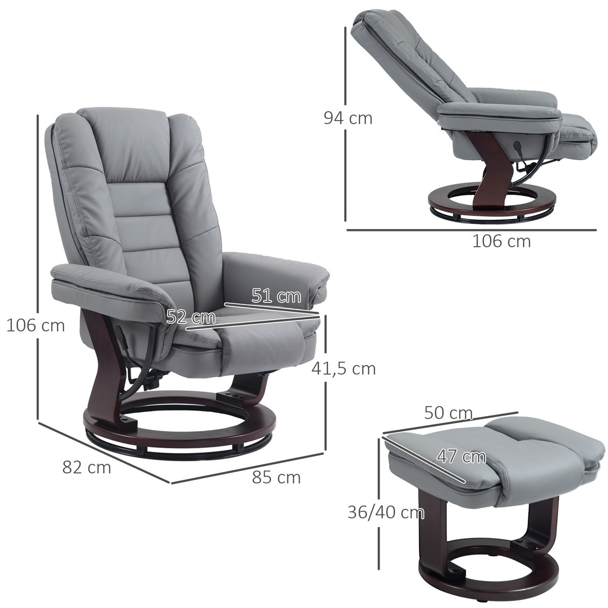 Relaxation chair with stool, 360° rotating TV chair with reclining function, TV chair, recliner, can hold up to 130 kg for living room, faux leather, gray