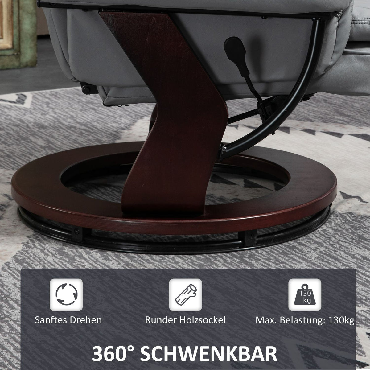 Relaxation chair with stool, 360° rotating TV chair with reclining function, TV chair, recliner, can hold up to 130 kg for living room, faux leather, gray