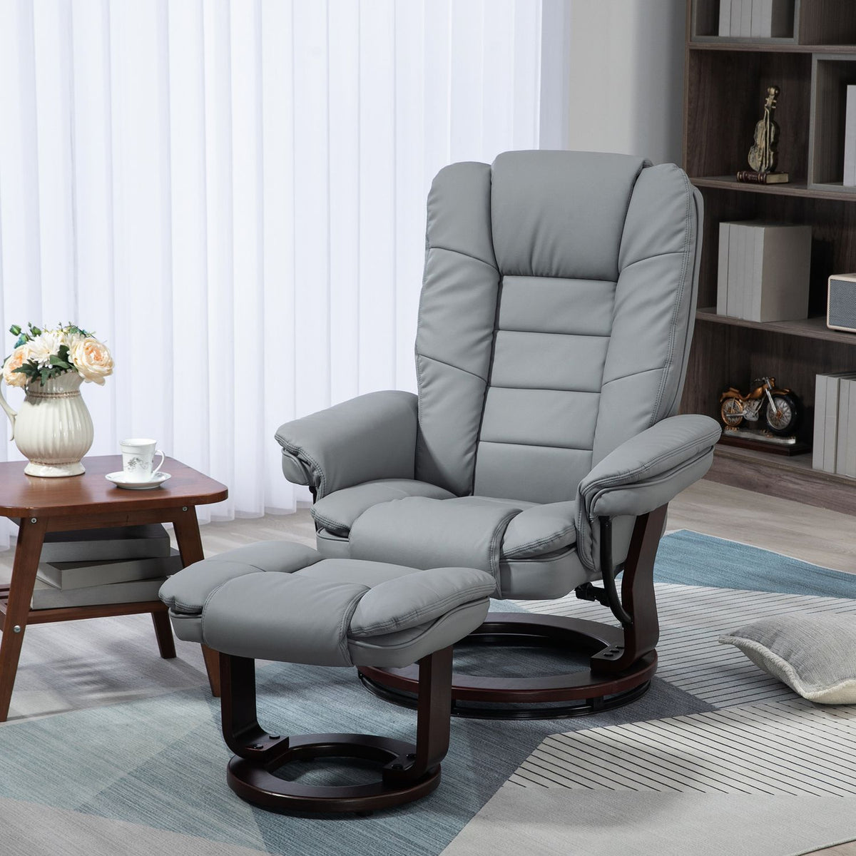 Relaxation chair with stool, 360° rotating TV chair with reclining function, TV chair, recliner, can hold up to 130 kg for living room, faux leather, gray