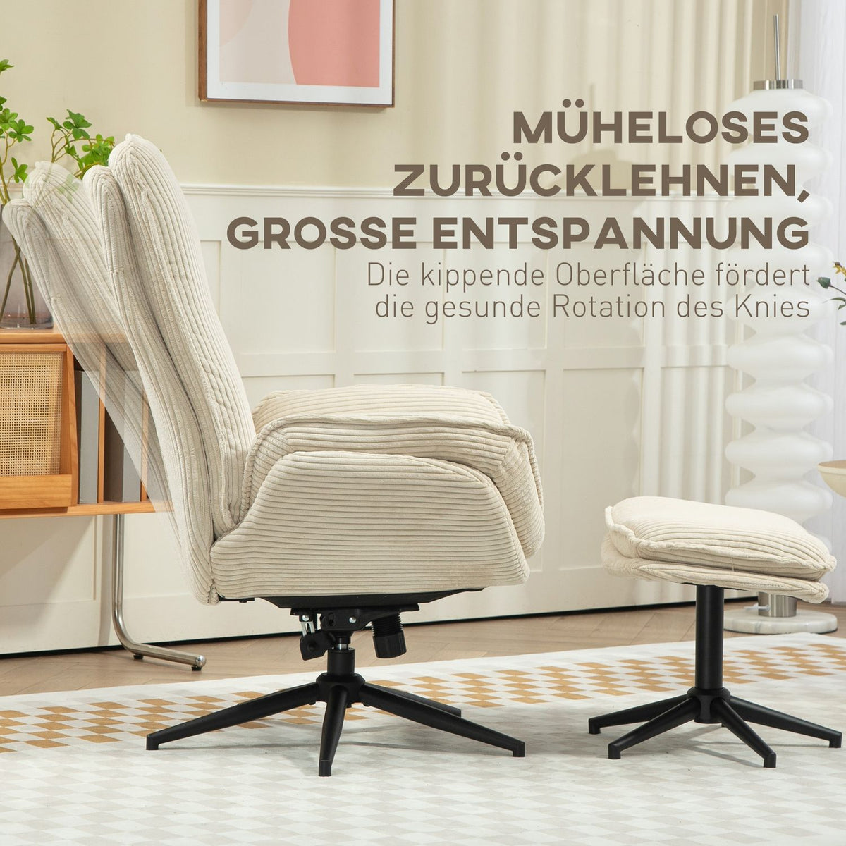 Relaxation chair with stool, 360° rotating TV chair with reclining function, TV chair with cord look, recliner for living room, bedroom, beige