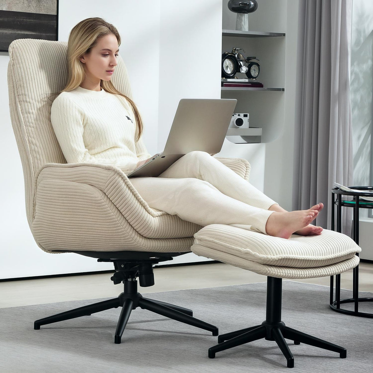 Relaxation chair with stool, 360° rotating TV chair with reclining function, TV chair with cord look, recliner for living room, bedroom, beige