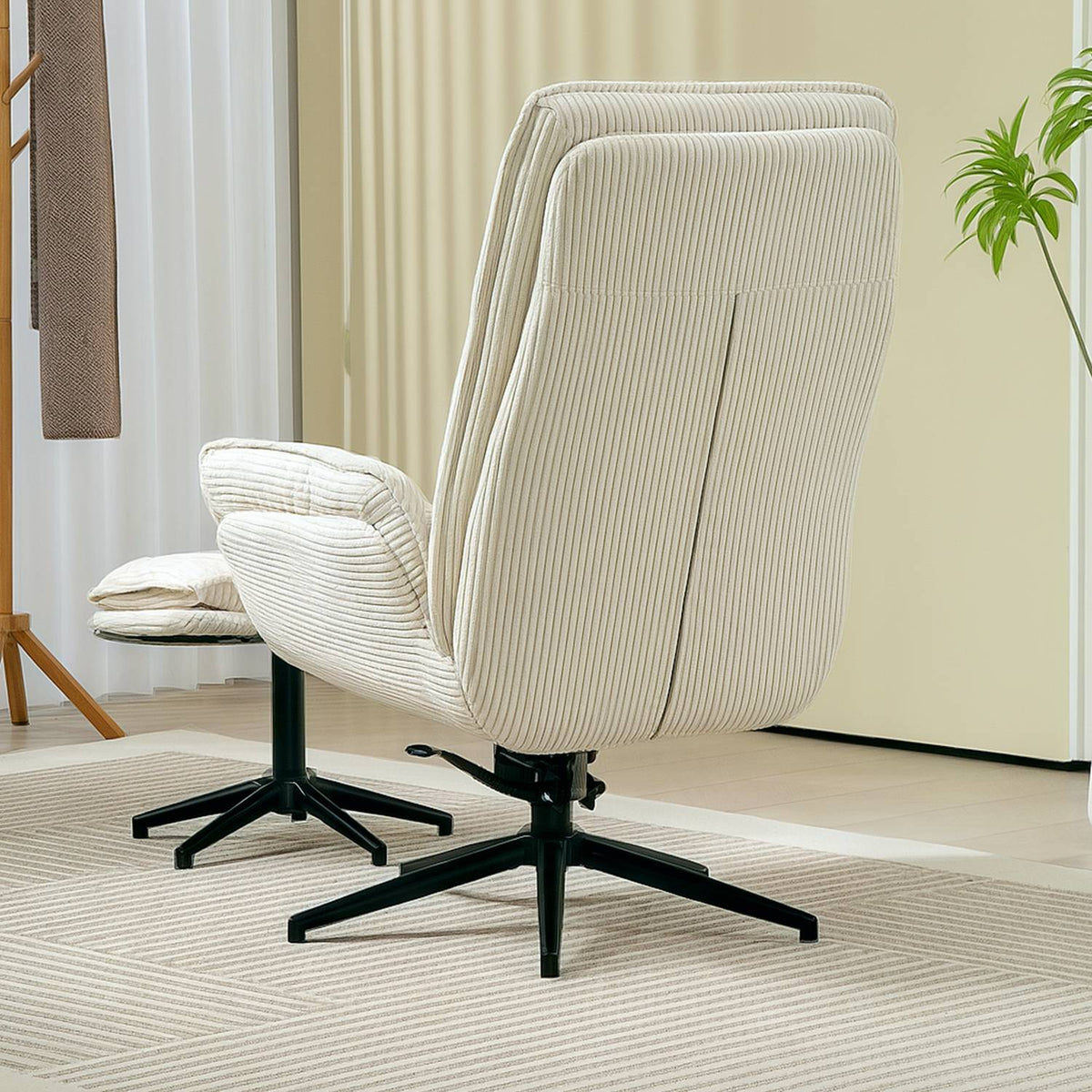Relaxation chair with stool, 360° rotating TV chair with reclining function, TV chair with cord look, recliner for living room, bedroom, beige
