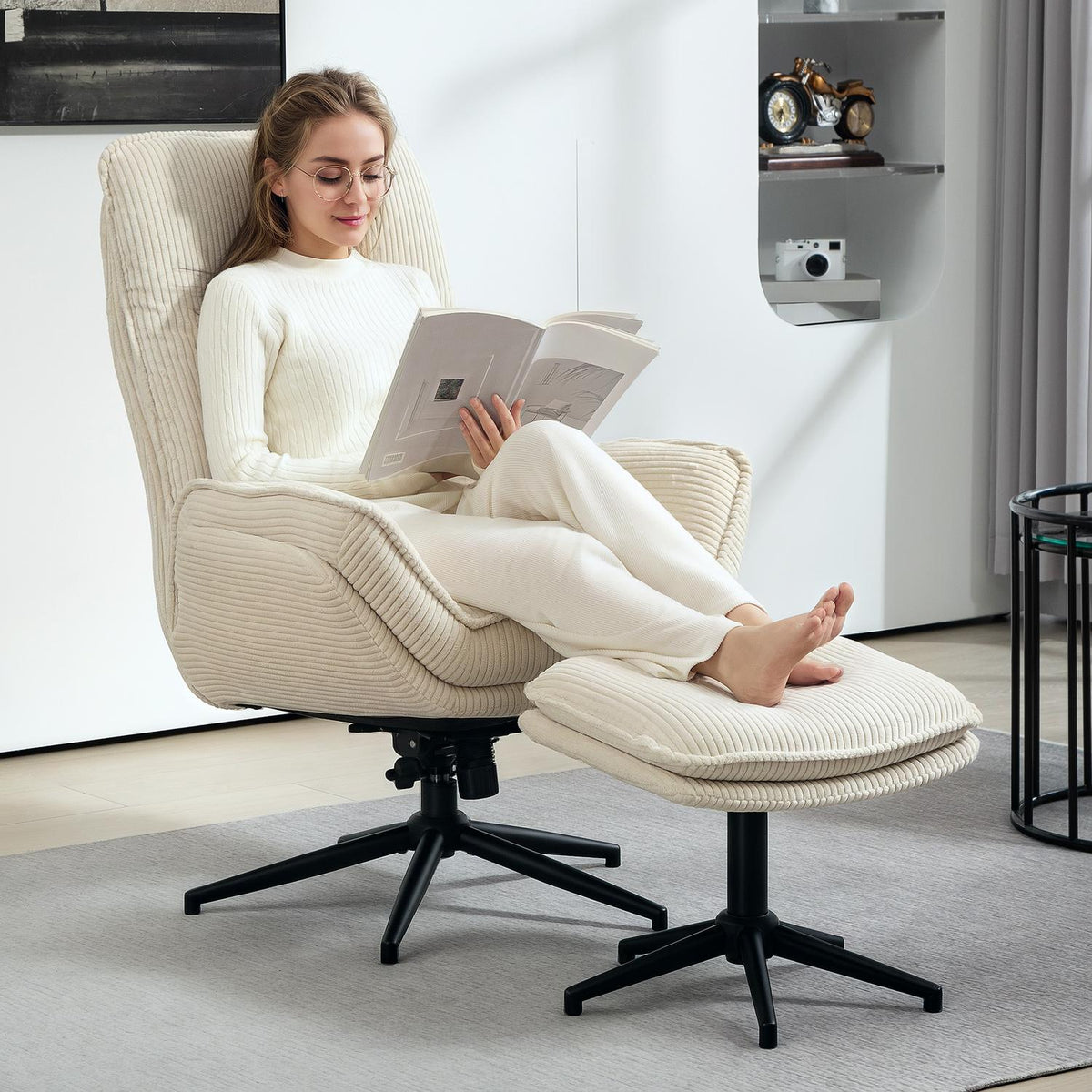 Relaxation chair with stool, 360° rotating TV chair with reclining function, TV chair with cord look, recliner for living room, bedroom, beige