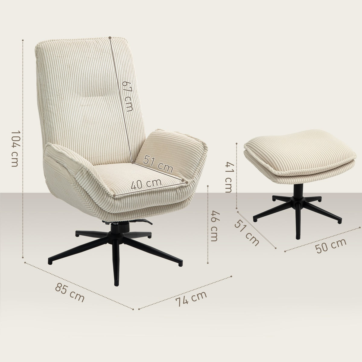 Relaxation chair with stool, 360° rotating TV chair with reclining function, TV chair with cord look, recliner for living room, bedroom, beige