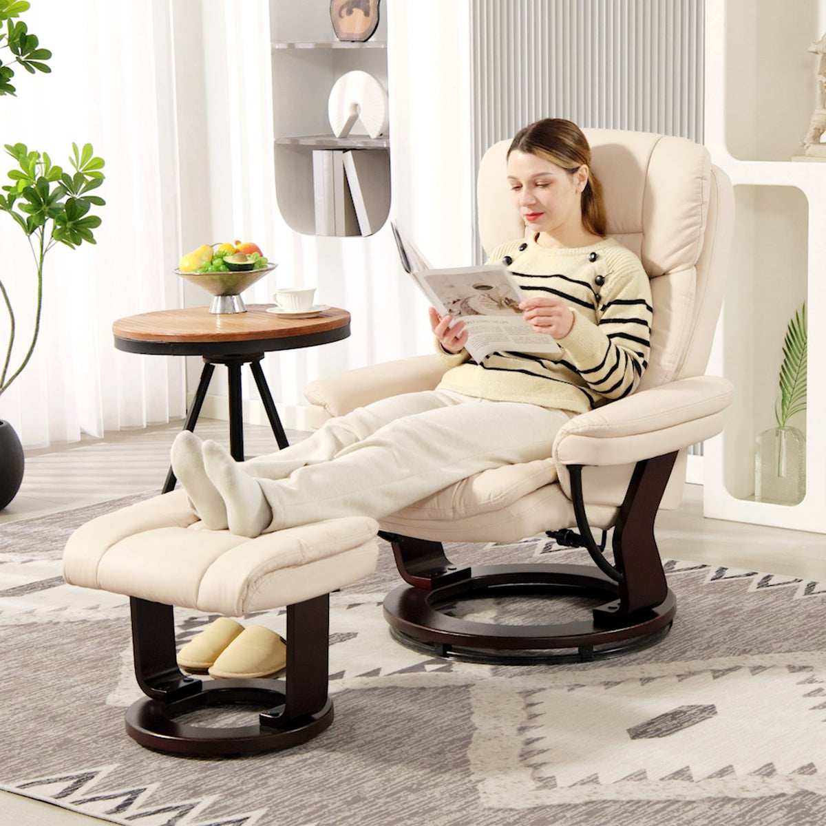 Relaxation chair with stool, 360° rotating TV chair with reclining function, TV chair with pocket spring for living room, faux leather, cream white