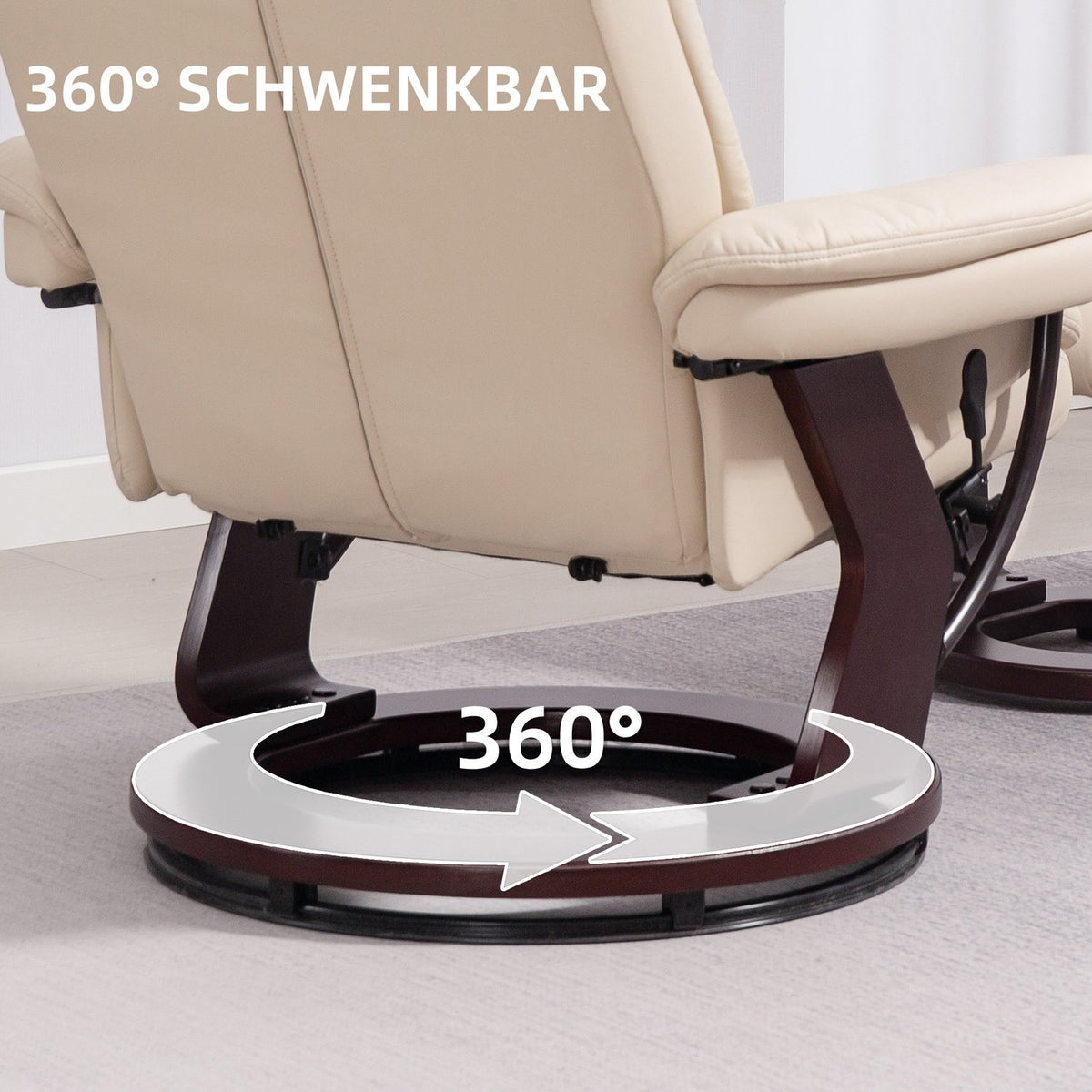 Relaxation chair with stool, 360° rotating TV chair with reclining function, TV chair with pocket spring for living room, faux leather, cream white