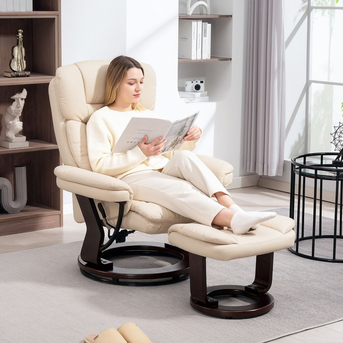 Relaxation chair with stool, 360° rotating TV chair with reclining function, TV chair with pocket spring for living room, faux leather, cream white