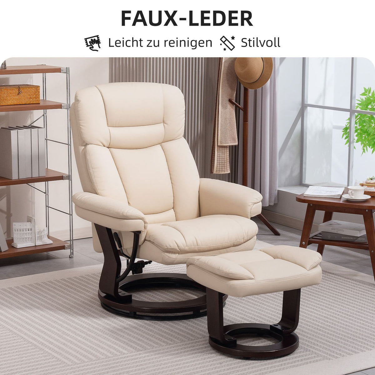 Relaxation chair with stool, 360° rotating TV chair with reclining function, TV chair with pocket spring for living room, faux leather, cream white