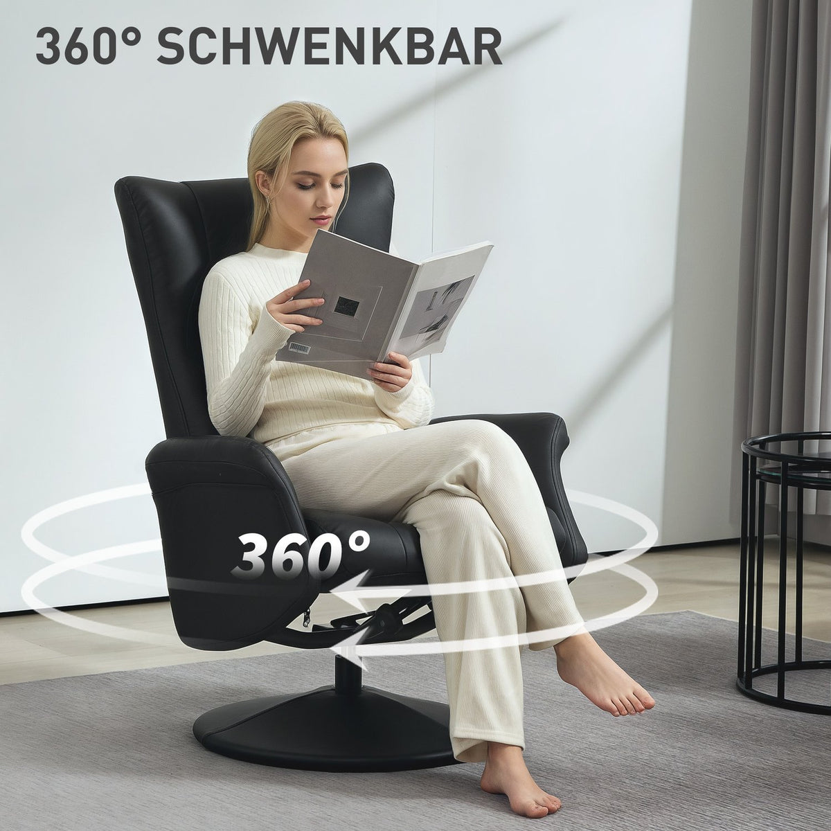 Relaxation chair with stool, 360° rotating TV chair with reclining function, reclining chair with adjustable backrest, TV chair can hold up to 150 kg for living room, faux leather, black