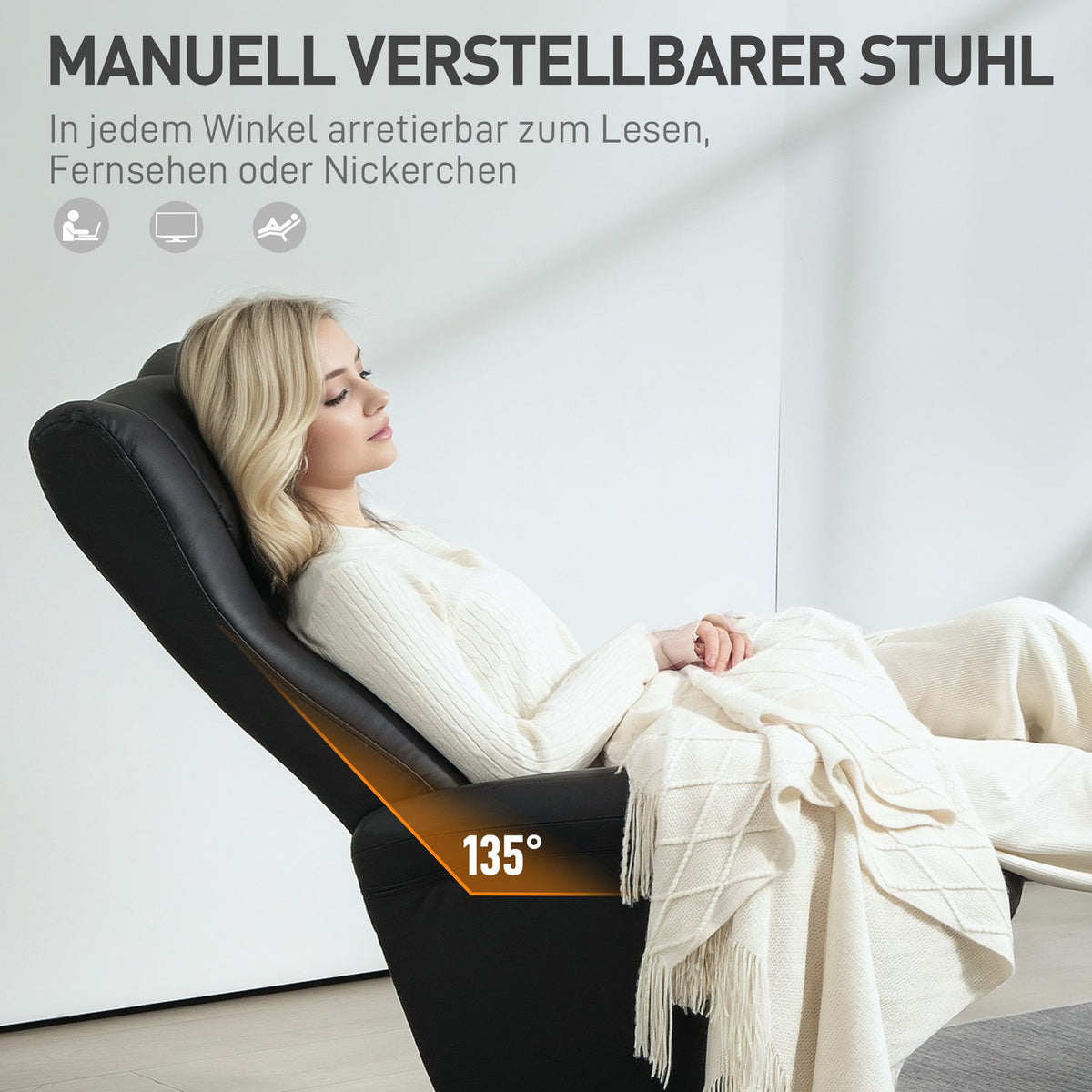 Relaxation chair with stool, 360° rotating TV chair with reclining function, reclining chair with adjustable backrest, TV chair can hold up to 150 kg for living room, faux leather, black