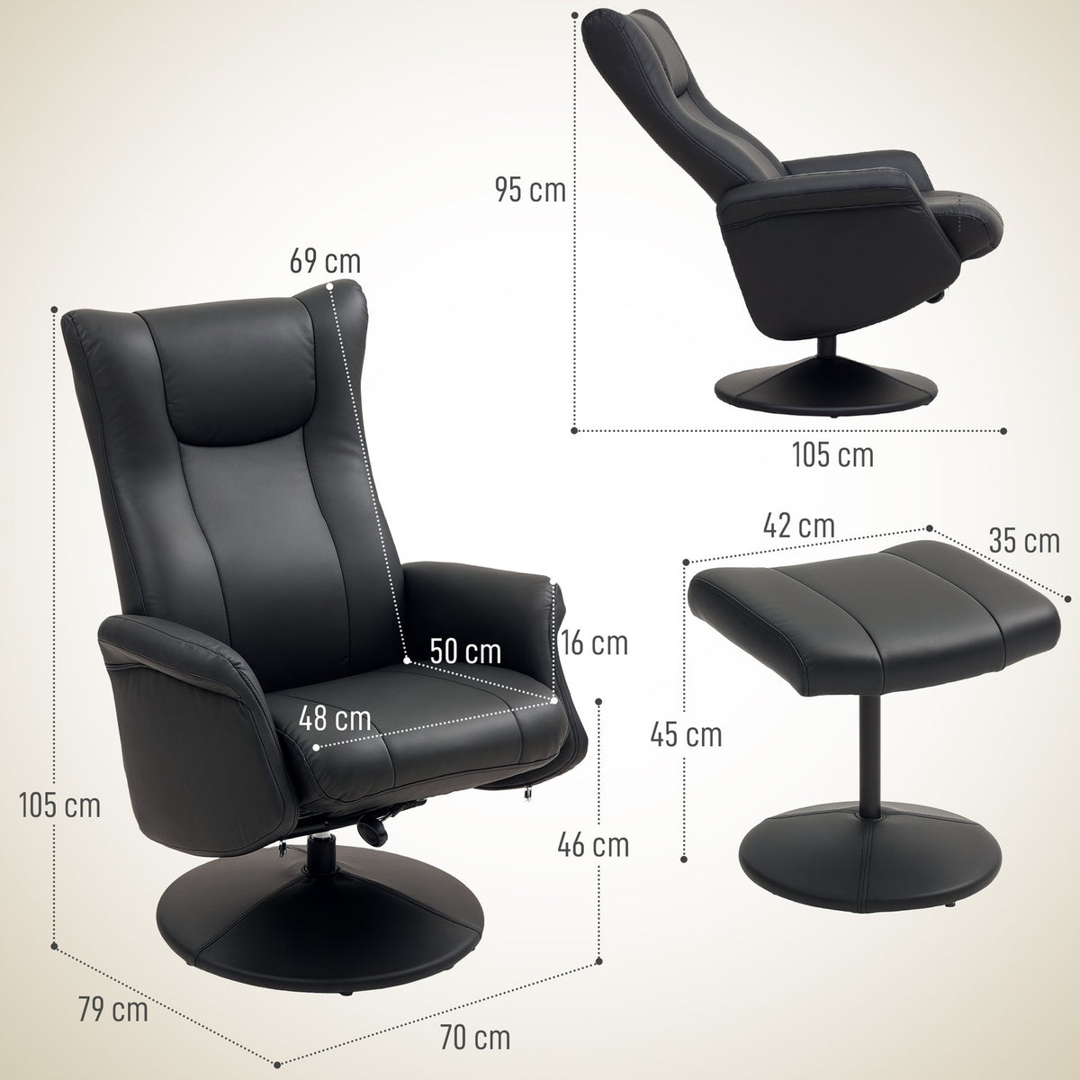 Relaxation chair with stool, 360° rotating TV chair with reclining function, reclining chair with adjustable backrest, TV chair can hold up to 150 kg for living room, faux leather, black