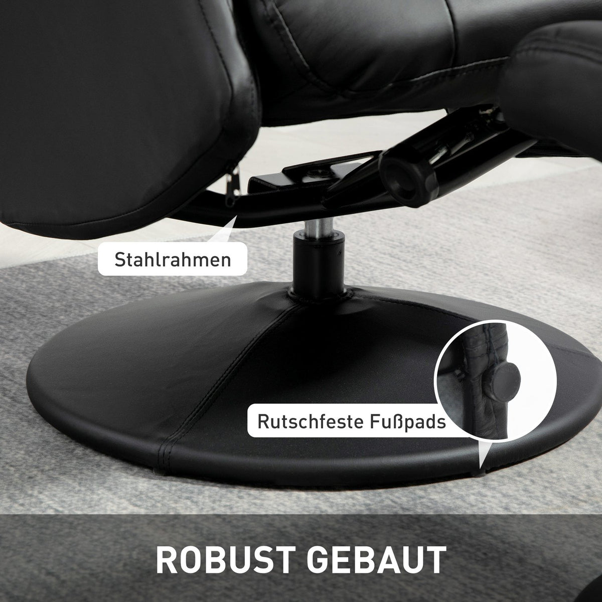 Relaxation chair with stool, 360° rotating TV chair with reclining function, reclining chair with adjustable backrest, TV chair can hold up to 150 kg for living room, faux leather, black
