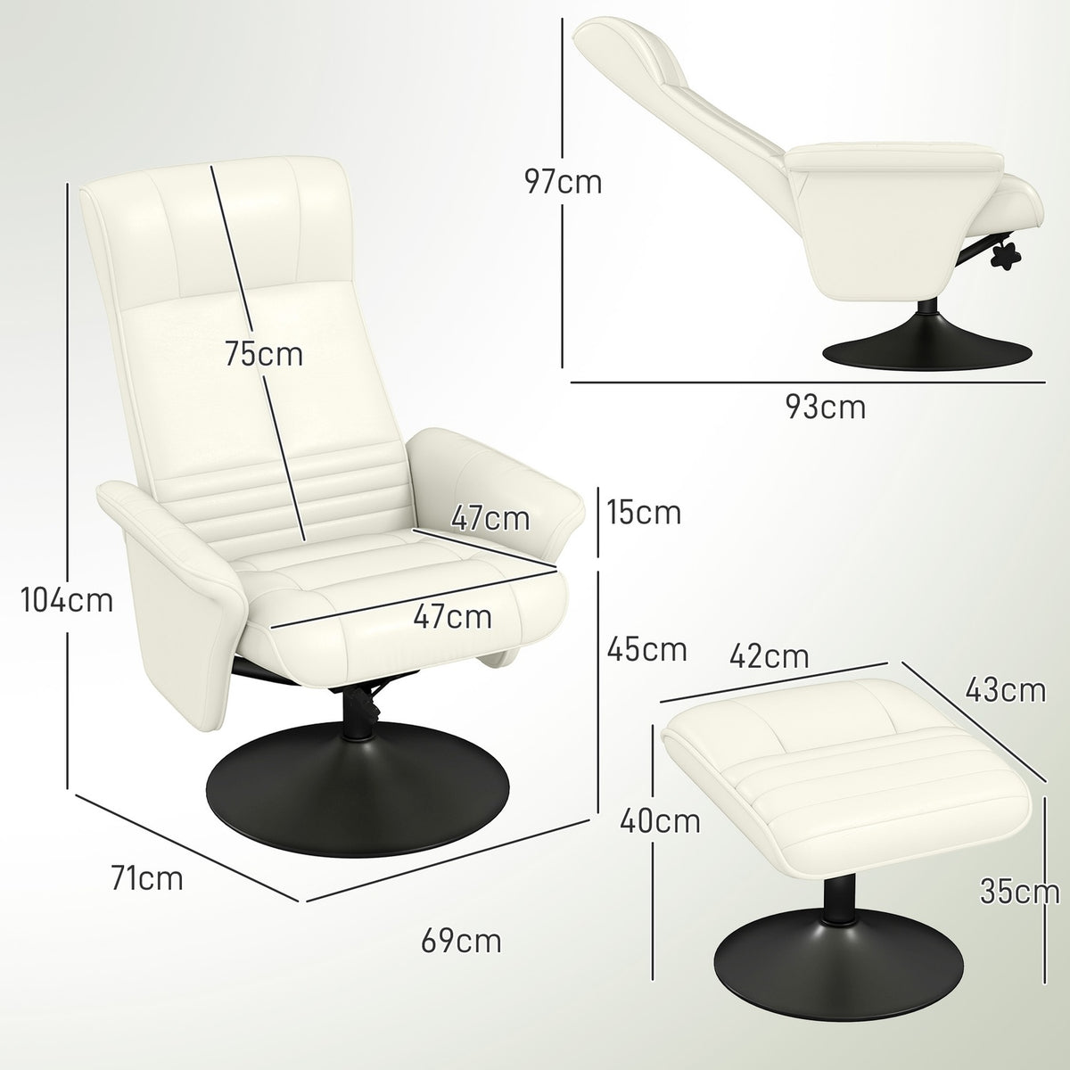 Relaxation chair with stool Rotating TV chair with reclining function, TV chair can hold up to 150 kg, reclining chair for living room, bedroom, microfiber cloth, cream white