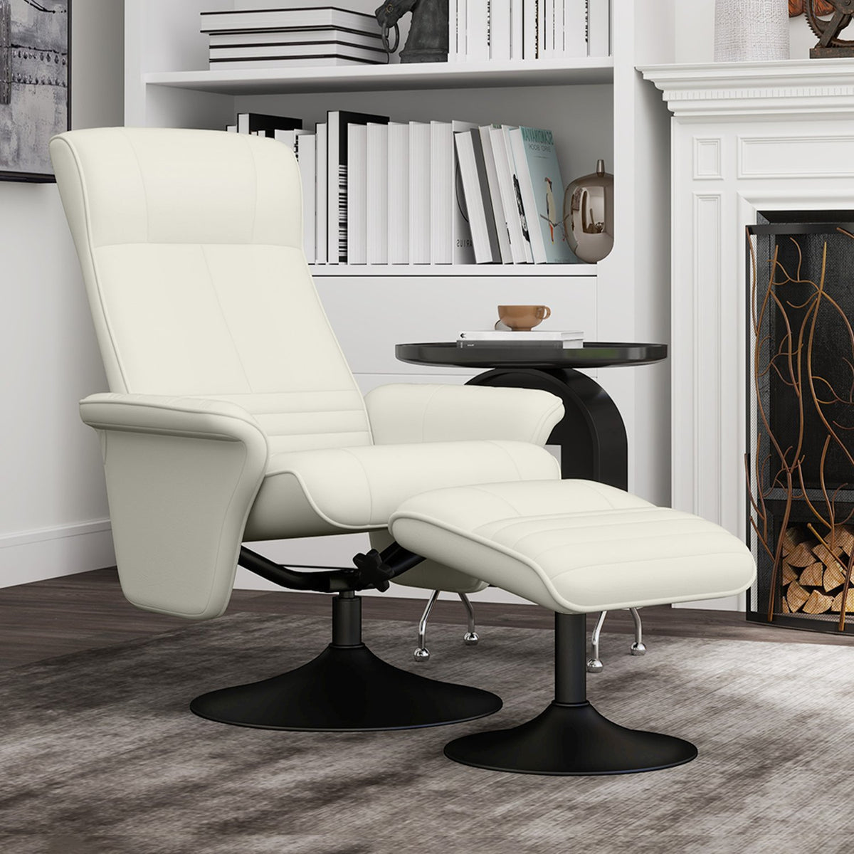 Relaxation chair with stool Rotating TV chair with reclining function, TV chair can hold up to 150 kg, reclining chair for living room, bedroom, microfiber cloth, cream white