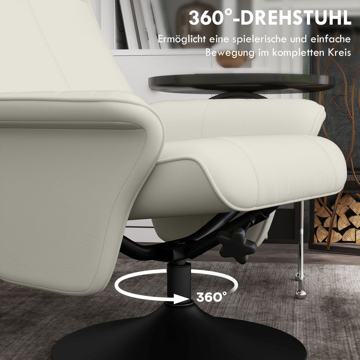 Relaxation chair with stool Rotating TV chair with reclining function, TV chair can hold up to 150 kg, reclining chair for living room, bedroom, microfiber cloth, cream white