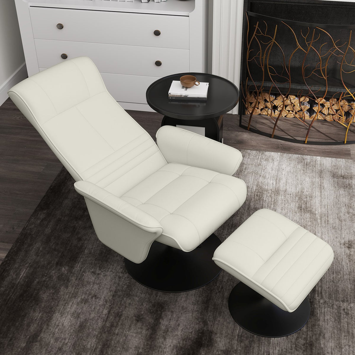 Relaxation chair with stool Rotating TV chair with reclining function, TV chair can hold up to 150 kg, reclining chair for living room, bedroom, microfiber cloth, cream white