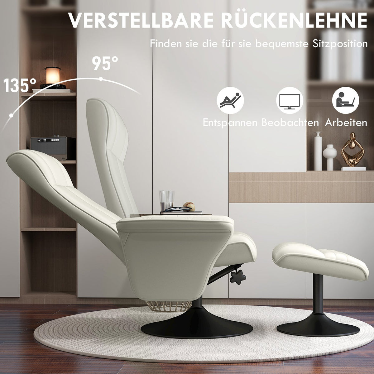 Relaxation chair with stool Rotating TV chair with reclining function, TV chair can hold up to 150 kg, reclining chair for living room, bedroom, microfiber cloth, cream white
