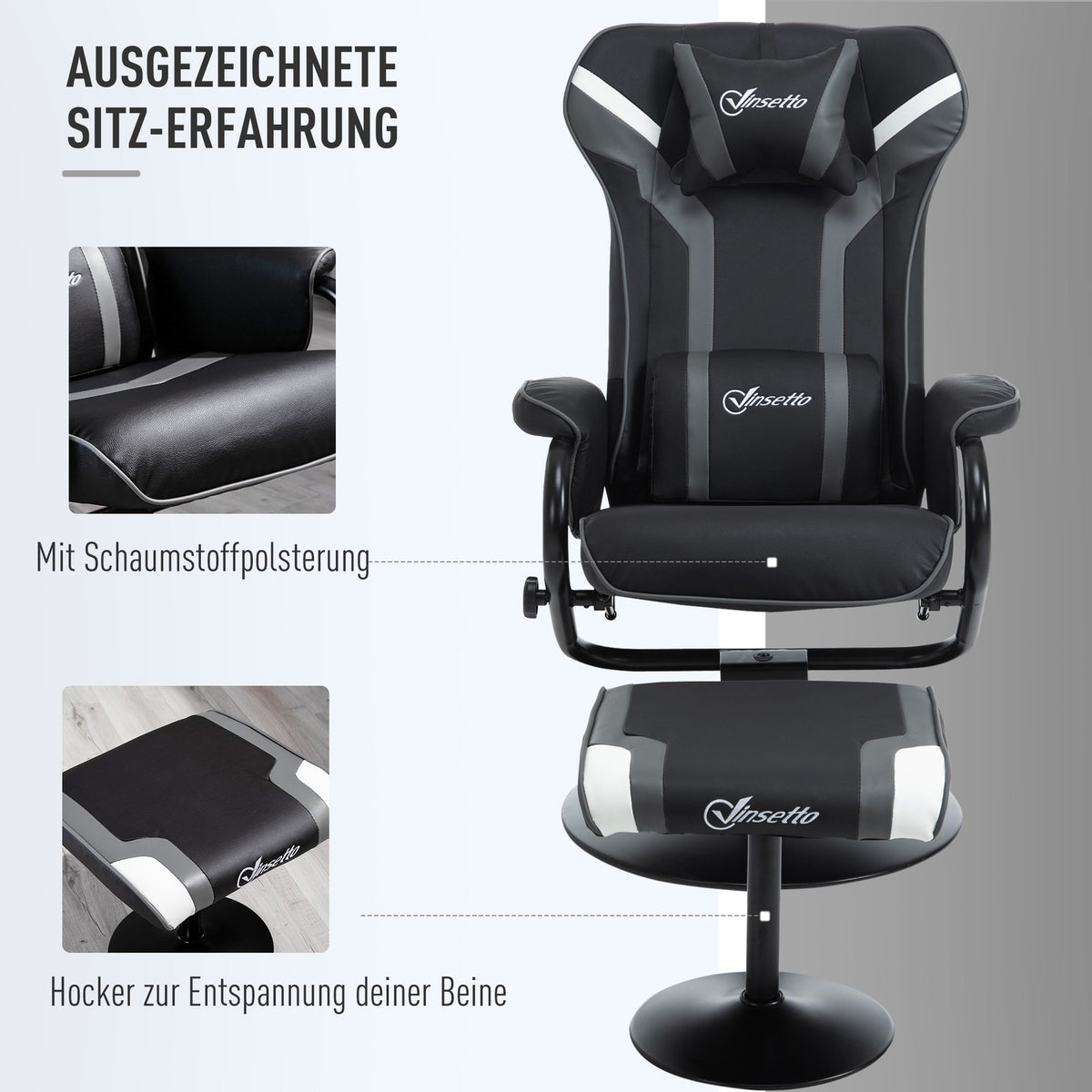 Relaxation chair with stool, TV chair and gaming lounger, 130° tiltable, black-gray, 67 x 82.5 x 103 cm for comfort & relaxation
