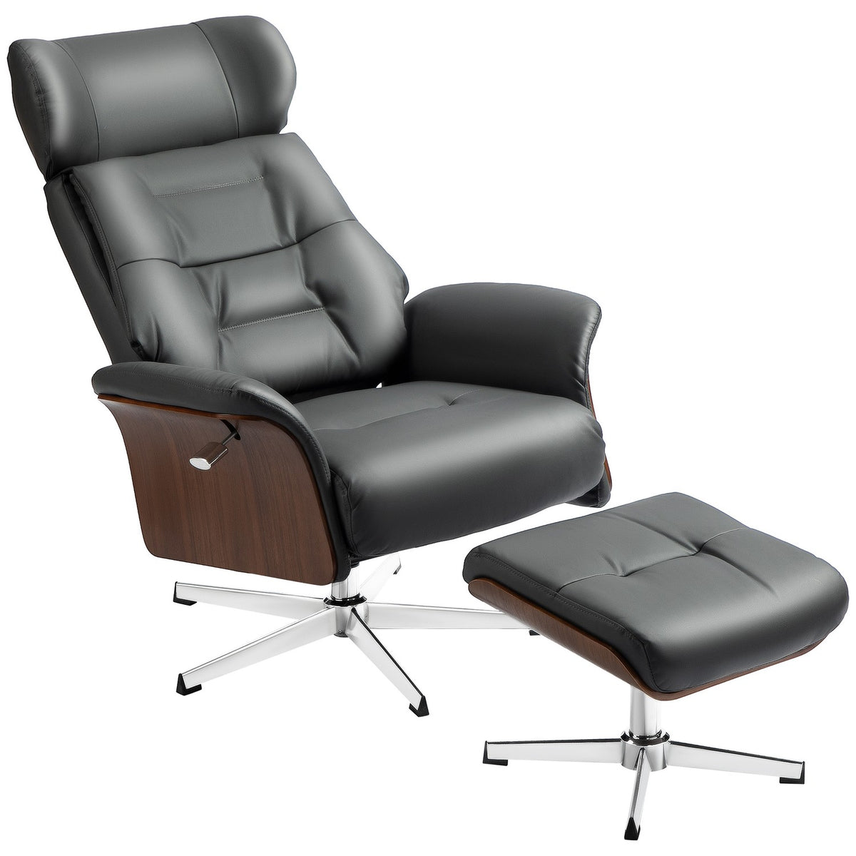 Relaxation chair with stool, TV chair with reclining function, adjustable headrest, swivel TV chair up to 150 kg, for living room, bedroom, faux leather, dark gray