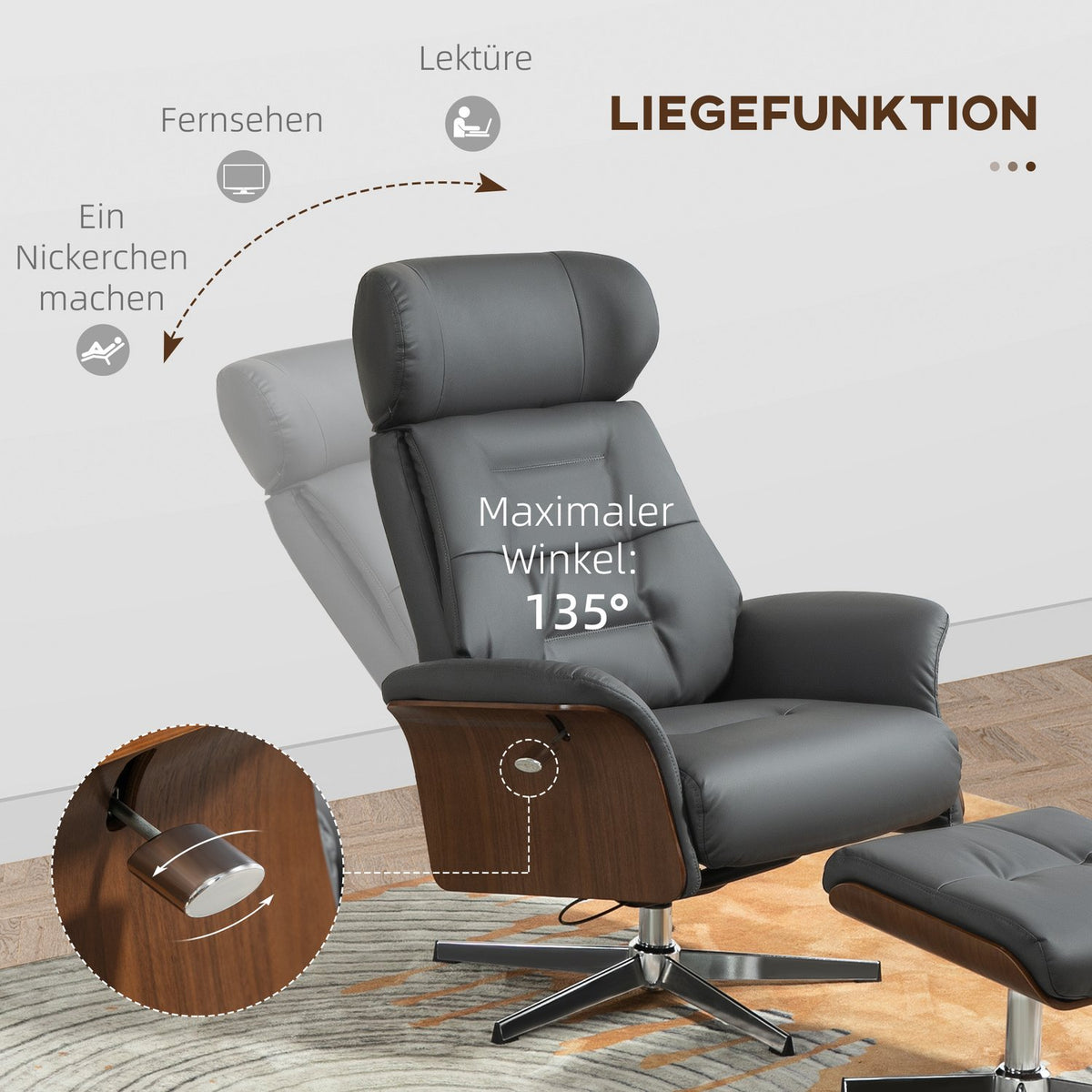 Relaxation chair with stool, TV chair with reclining function, adjustable headrest, swivel TV chair up to 150 kg, for living room, bedroom, faux leather, dark gray