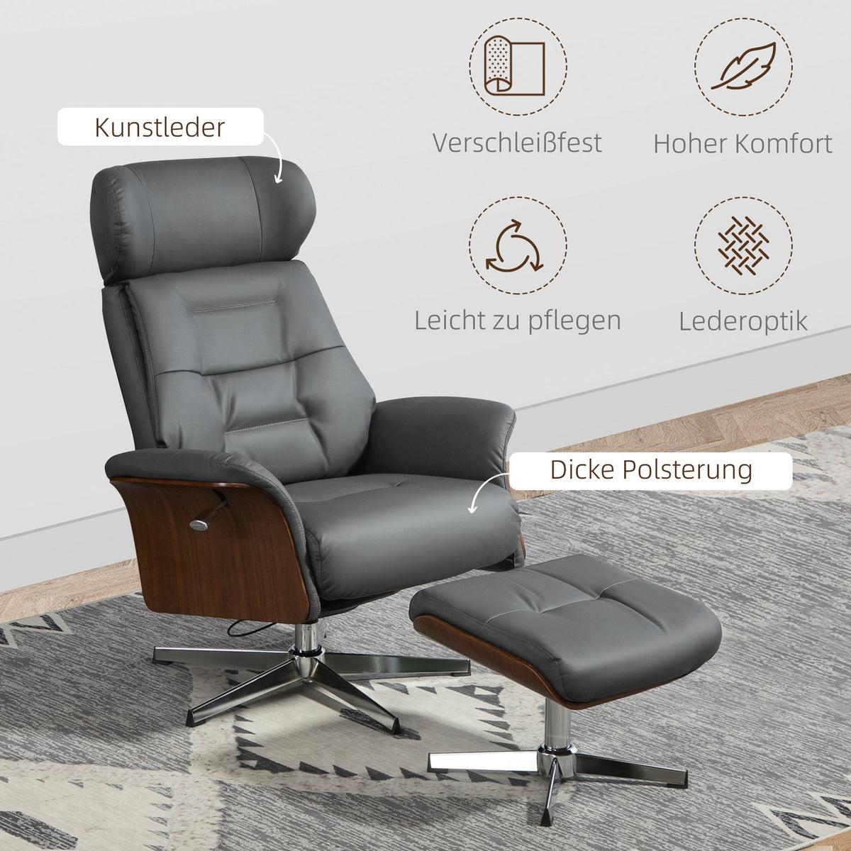 Relaxation chair with stool, TV chair with reclining function, adjustable headrest, swivel TV chair up to 150 kg, for living room, bedroom, faux leather, dark gray
