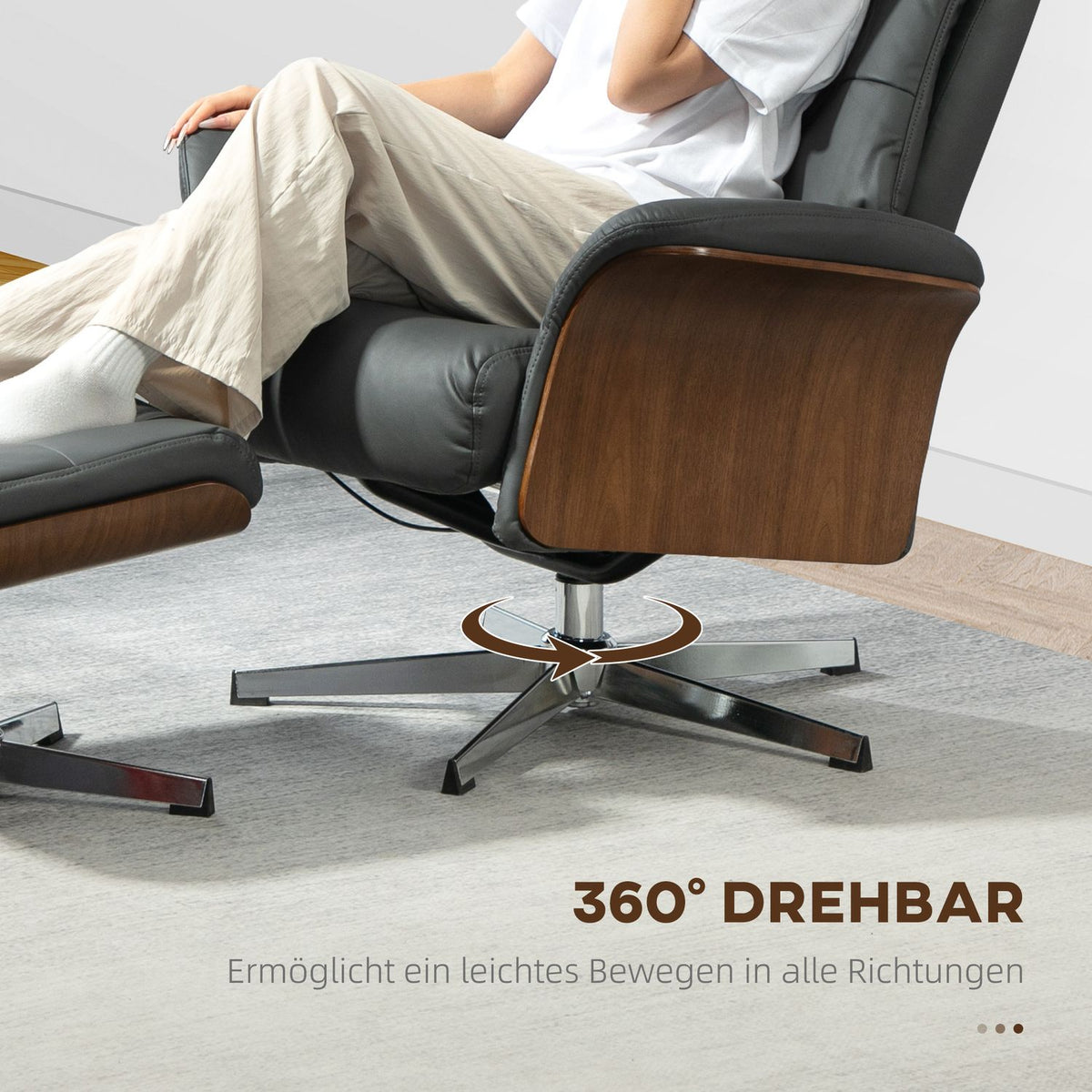 Relaxation chair with stool, TV chair with reclining function, adjustable headrest, swivel TV chair up to 150 kg, for living room, bedroom, faux leather, dark gray