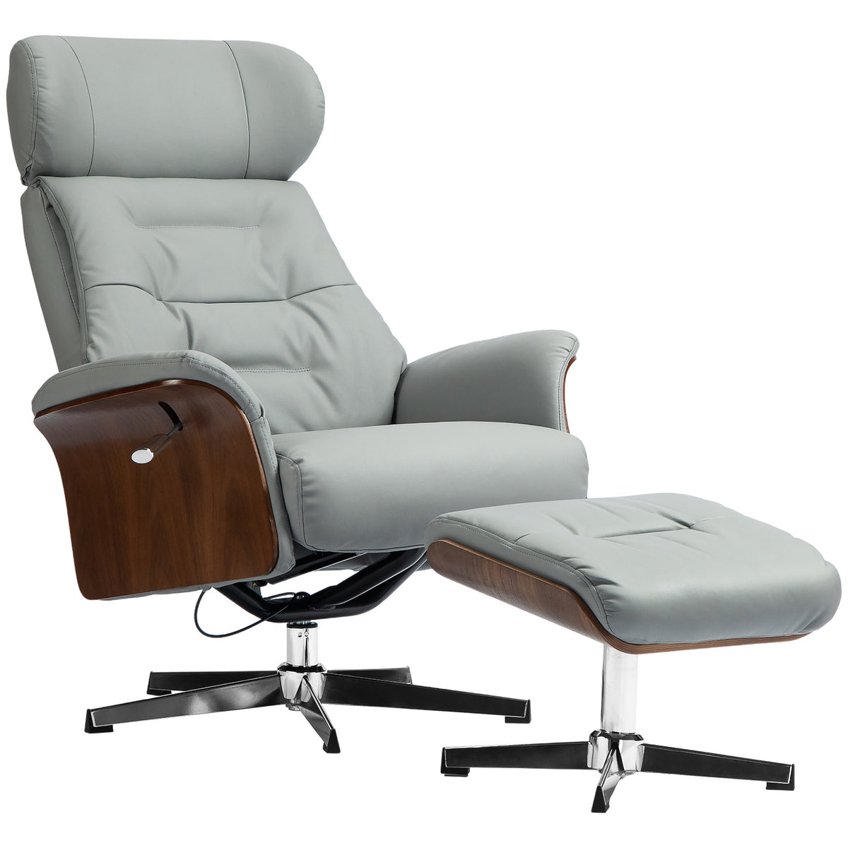 Relaxation chair with stool, TV chair with reclining function, adjustable headrest, swivel TV chair up to 150 kg, for living room, bedroom, faux leather, light gray