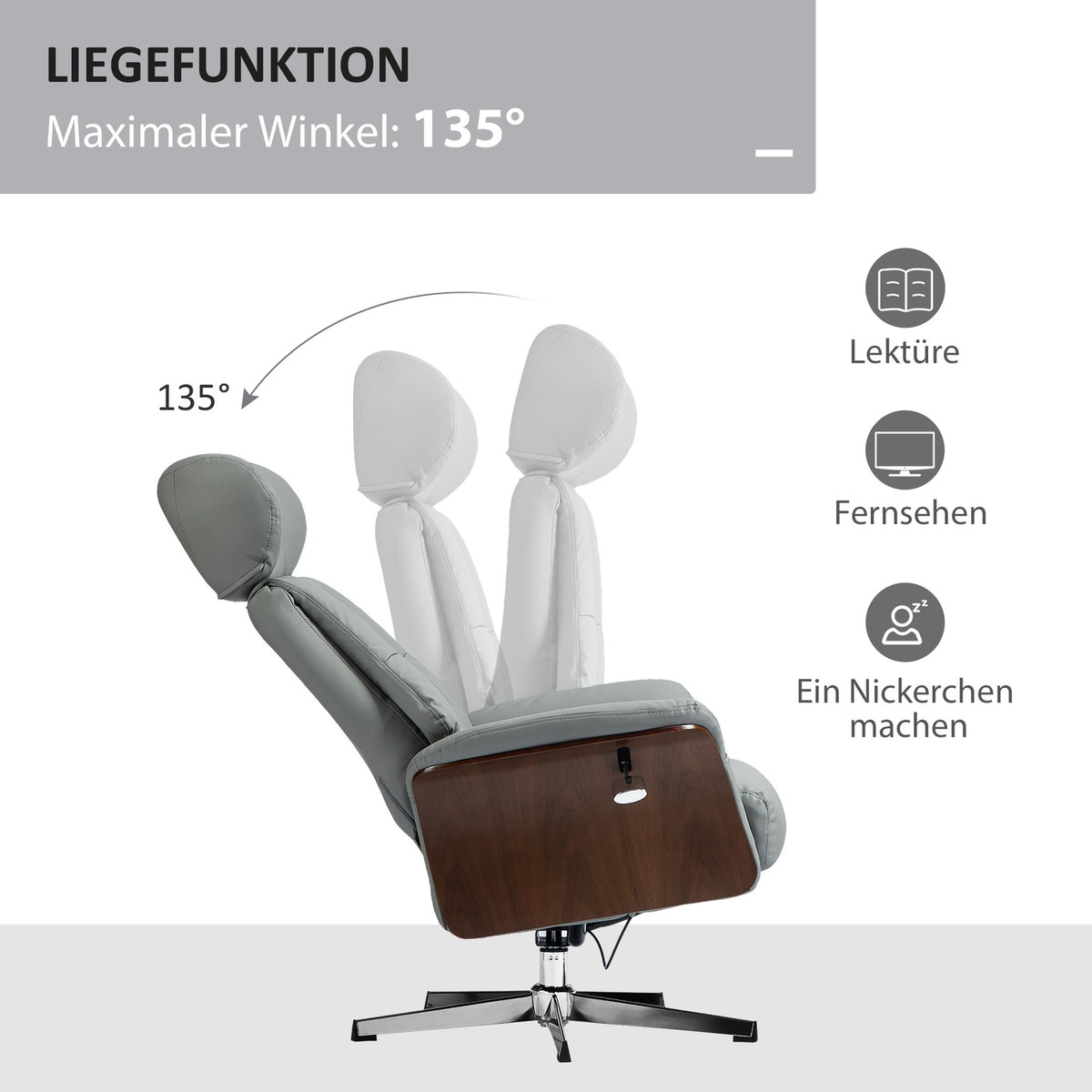 Relaxation chair with stool, TV chair with reclining function, adjustable headrest, swivel TV chair up to 150 kg, for living room, bedroom, faux leather, light gray