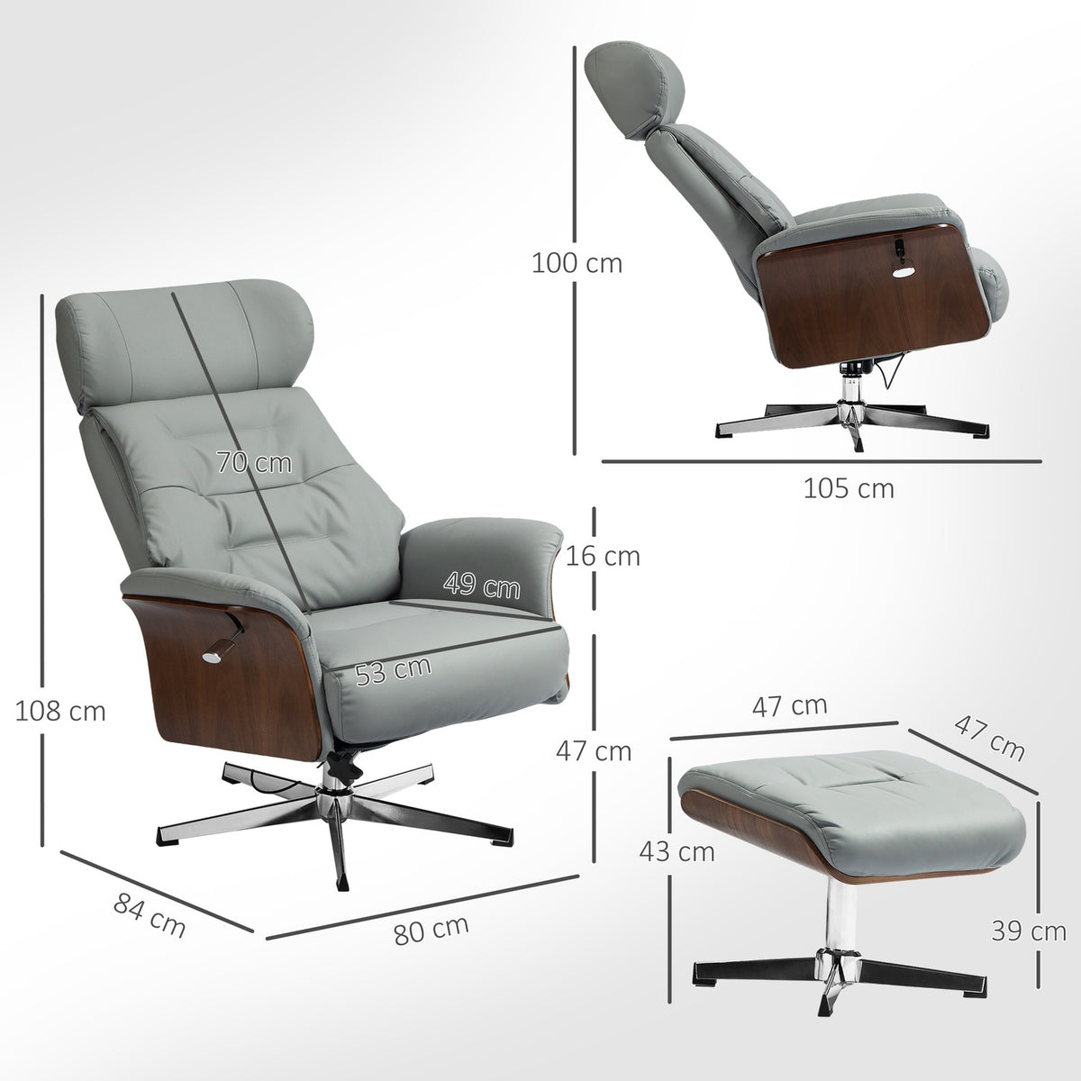 Relaxation chair with stool, TV chair with reclining function, adjustable headrest, swivel TV chair up to 150 kg, for living room, bedroom, faux leather, light gray