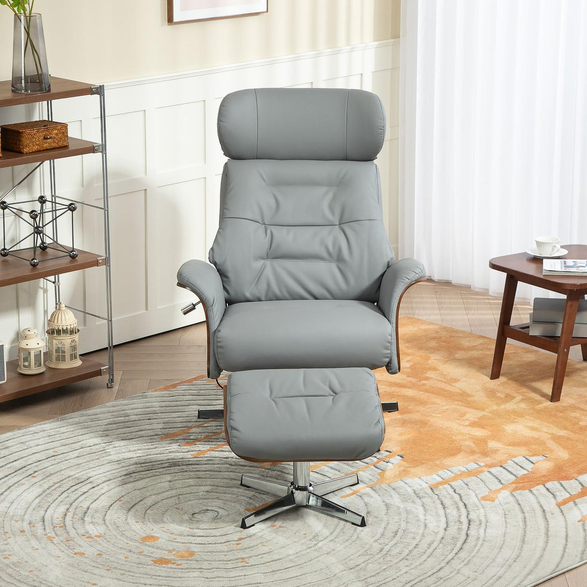 Relaxation chair with stool, TV chair with reclining function, adjustable headrest, swivel TV chair up to 150 kg, for living room, bedroom, faux leather, light gray