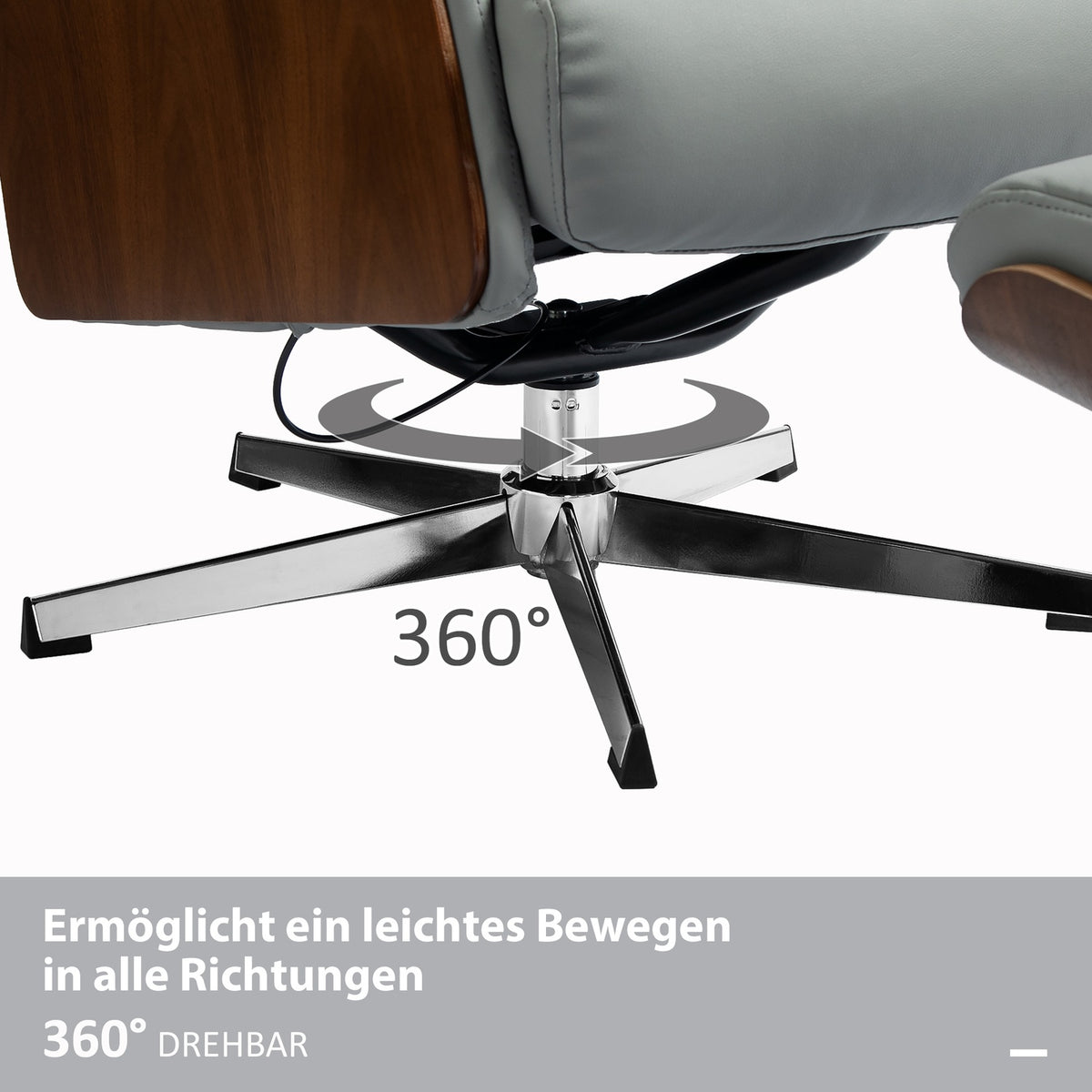 Relaxation chair with stool, TV chair with reclining function, adjustable headrest, swivel TV chair up to 150 kg, for living room, bedroom, faux leather, light gray