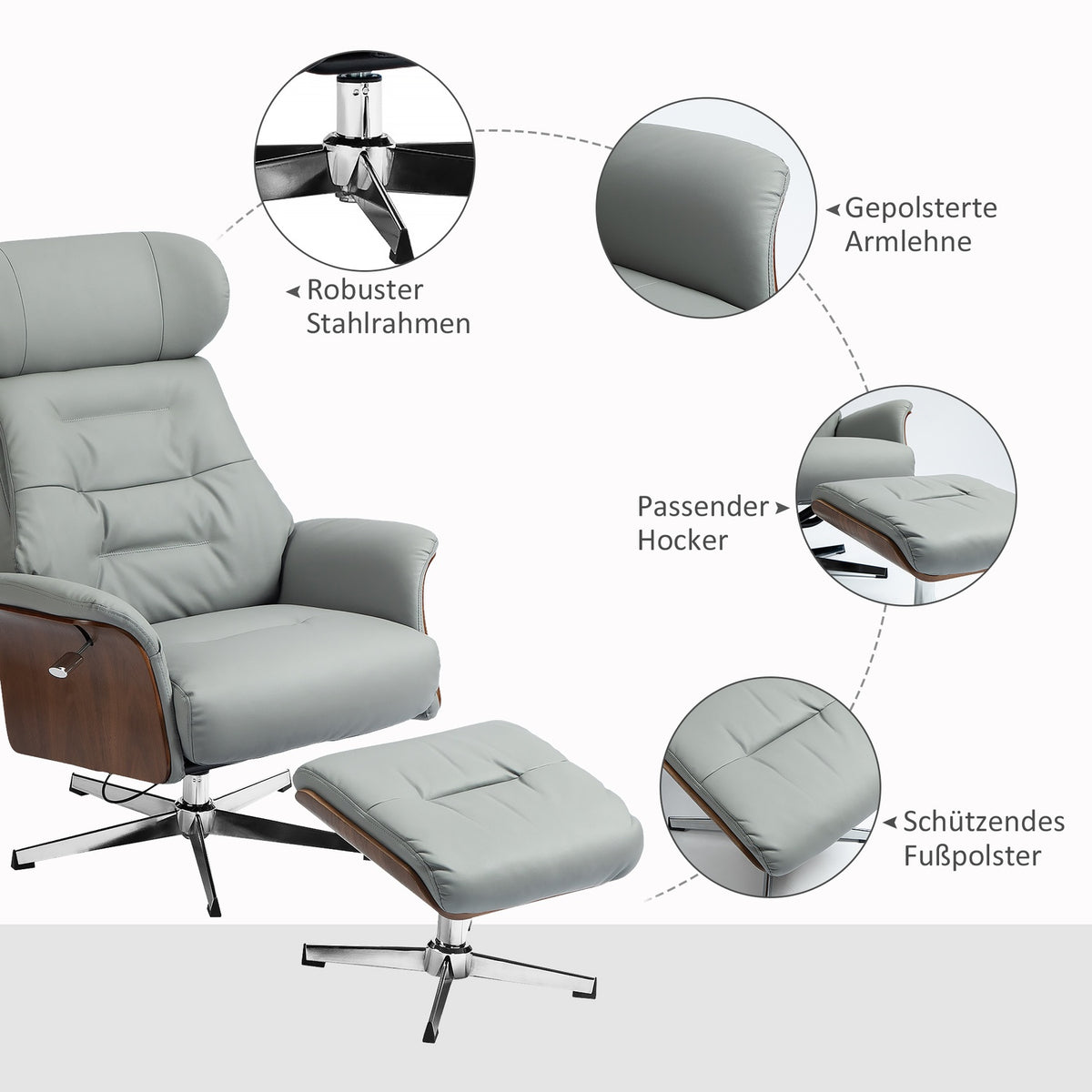 Relaxation chair with stool, TV chair with reclining function, adjustable headrest, swivel TV chair up to 150 kg, for living room, bedroom, faux leather, light gray