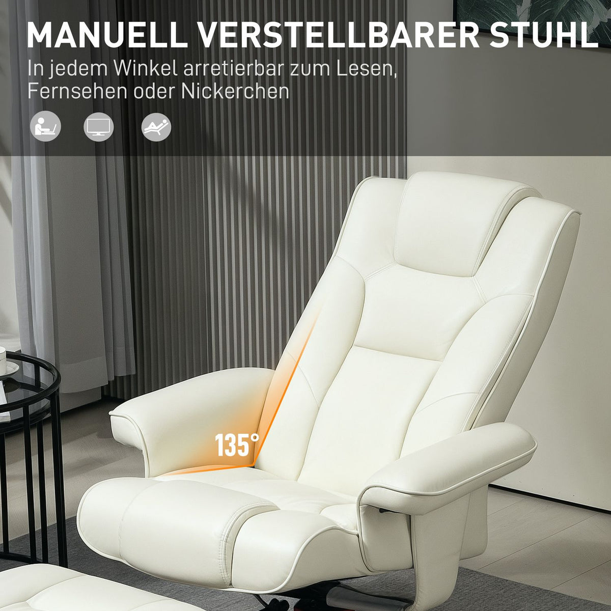 Relaxation chair with stool, TV chair with reclining function, rocker function, padded reclining chair with adjustable backrest, up to 150 kg, for living room, faux leather, cream white