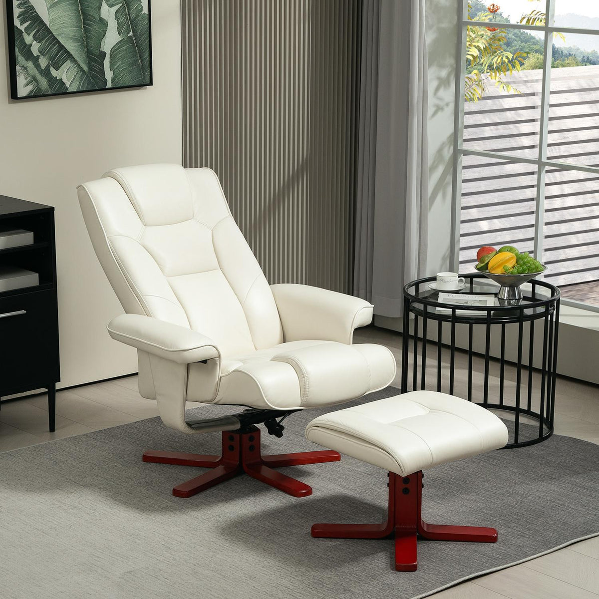 Relaxation chair with stool, TV chair with reclining function, rocker function, padded reclining chair with adjustable backrest, up to 150 kg, for living room, faux leather, cream white