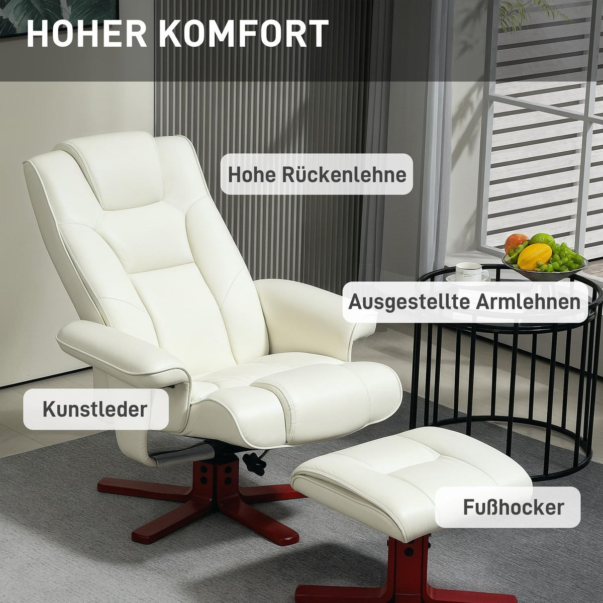 Relaxation chair with stool, TV chair with reclining function, rocker function, padded reclining chair with adjustable backrest, up to 150 kg, for living room, faux leather, cream white
