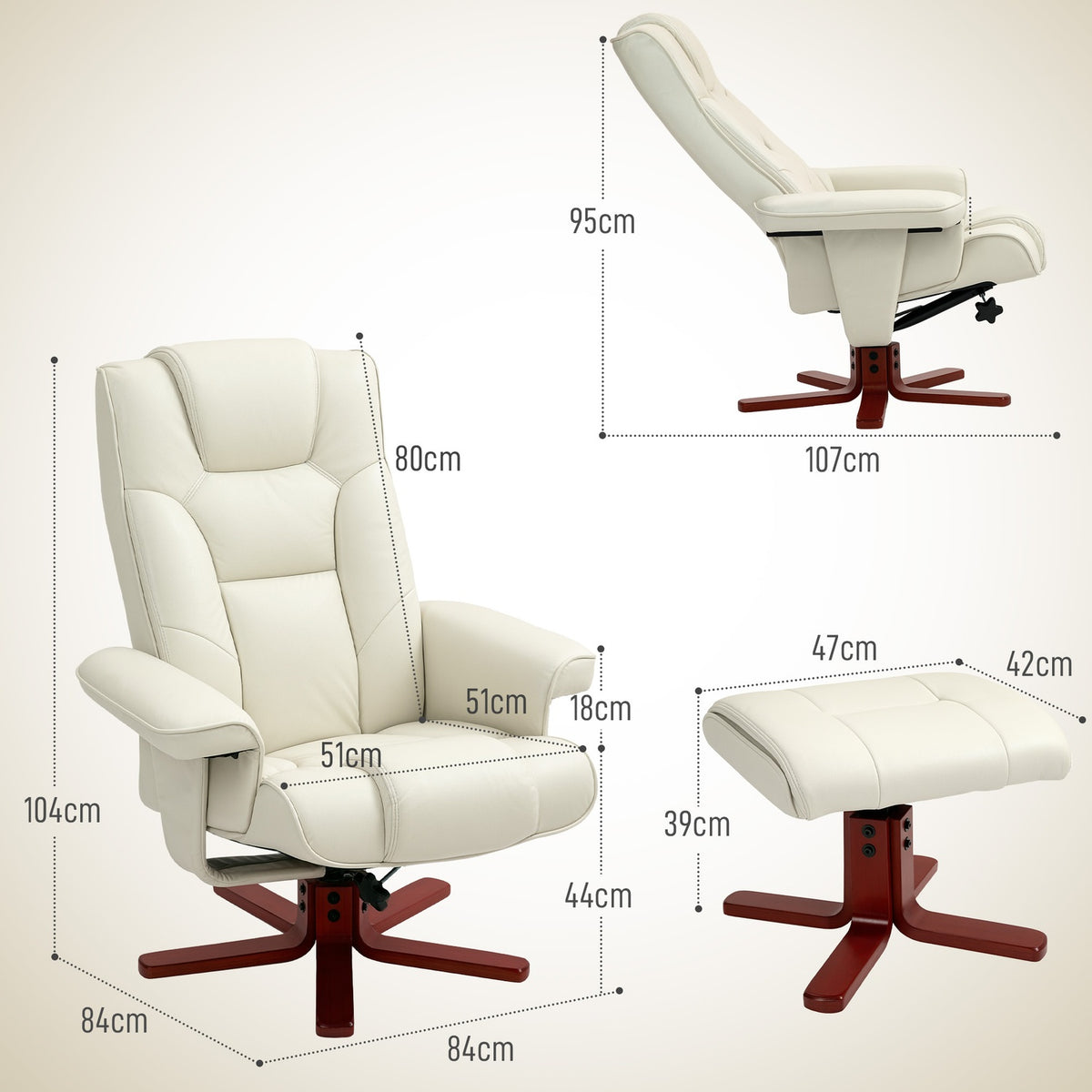 Relaxation chair with stool, TV chair with reclining function, rocker function, padded reclining chair with adjustable backrest, up to 150 kg, for living room, faux leather, cream white