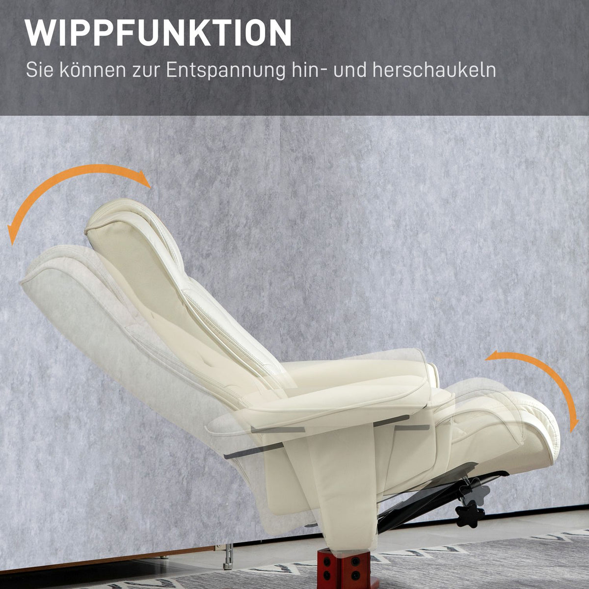 Relaxation chair with stool, TV chair with reclining function, rocker function, padded reclining chair with adjustable backrest, up to 150 kg, for living room, faux leather, cream white