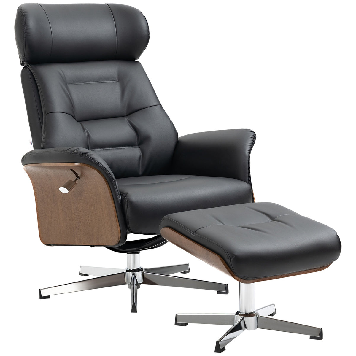 Relaxation chair with stool and reclining function, TV chair, swivel recliner, up to 150 kg, faux leather, black