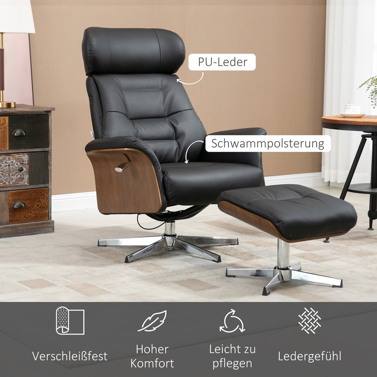 Relaxation chair with stool and reclining function, TV chair, swivel recliner, up to 150 kg, faux leather, black