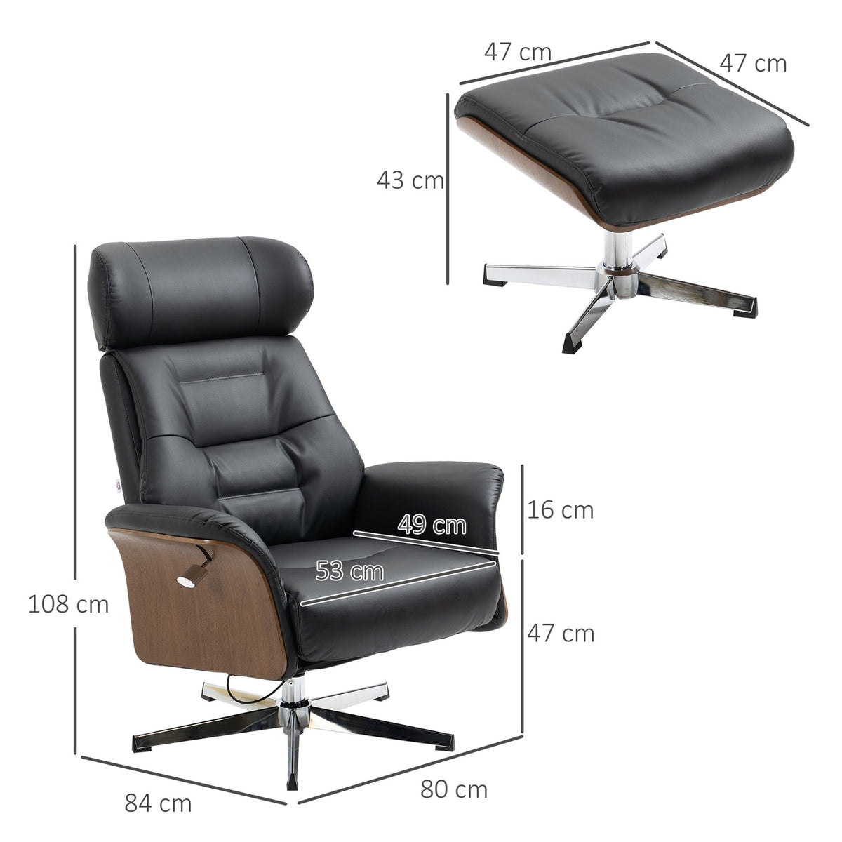 Relaxation chair with stool and reclining function, TV chair, swivel recliner, up to 150 kg, faux leather, black