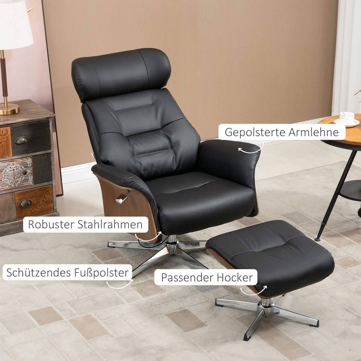 Relaxation chair with stool and reclining function, TV chair, swivel recliner, up to 150 kg, faux leather, black