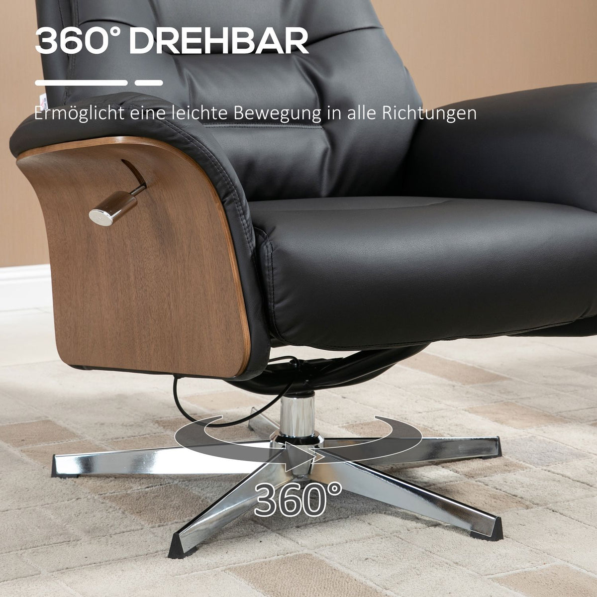 Relaxation chair with stool and reclining function, TV chair, swivel recliner, up to 150 kg, faux leather, black